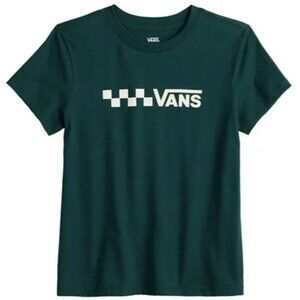 Vans Womens White Checkered Logo Graphic Tee Green Short Sleeve Cotton Size M